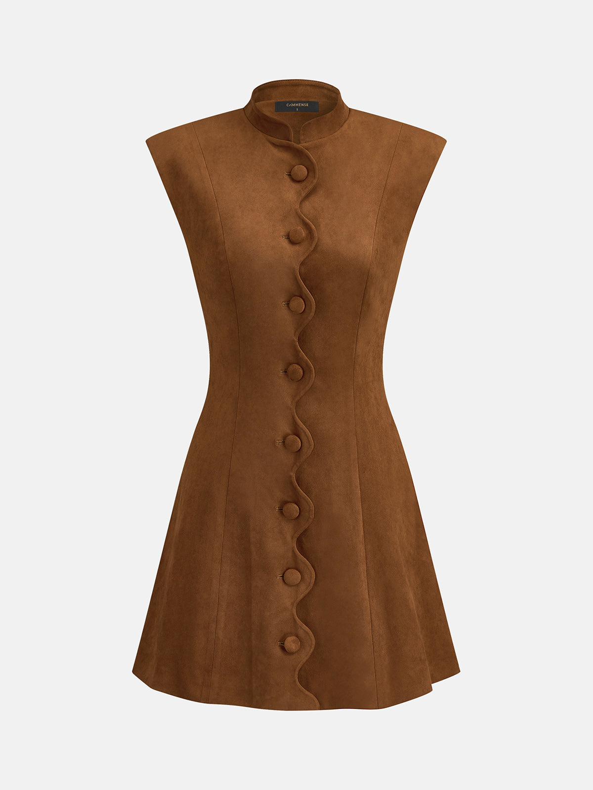 Wave Placket Stand Collar Suede Effect Dress