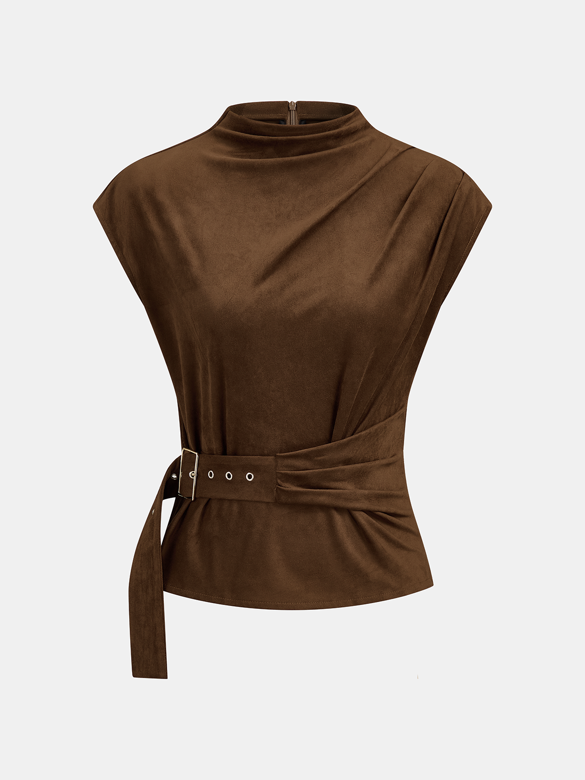 Buckle Waist Cap Sleeve Suede Effect Blouse