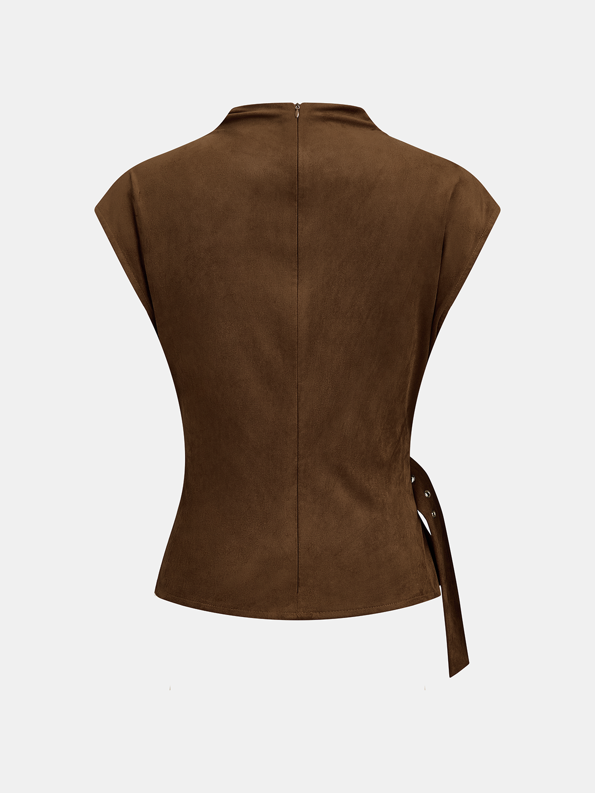 Buckle Waist Cap Sleeve Suede Effect Blouse