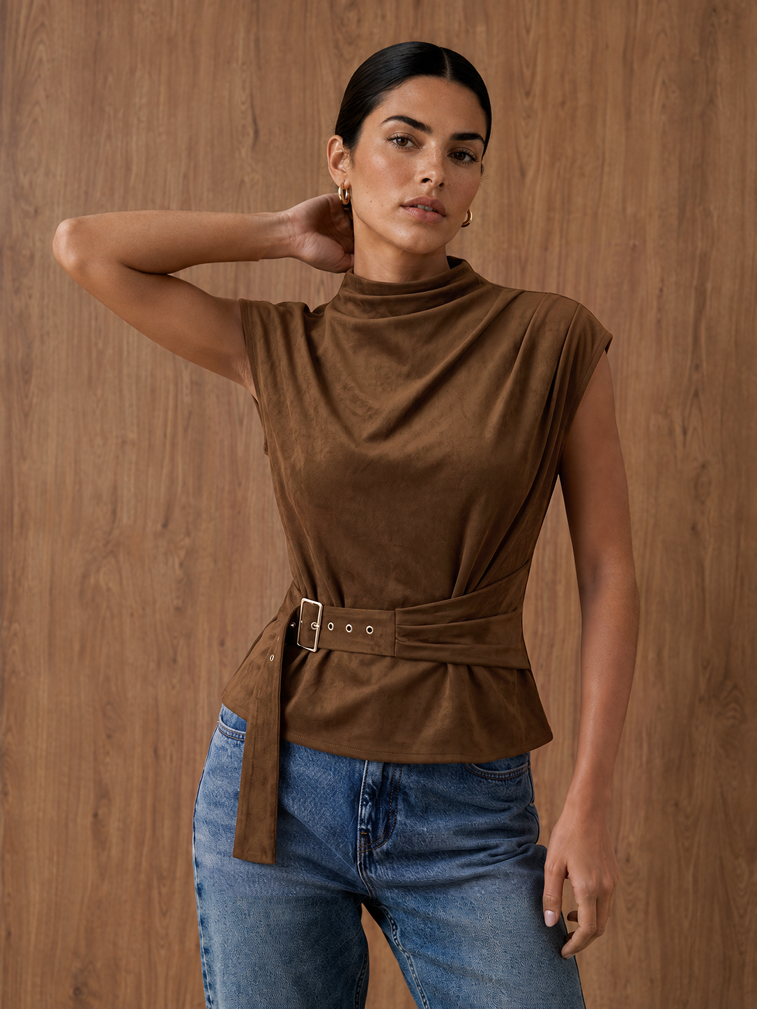 Buckle Waist Cap Sleeve Suede Effect Blouse