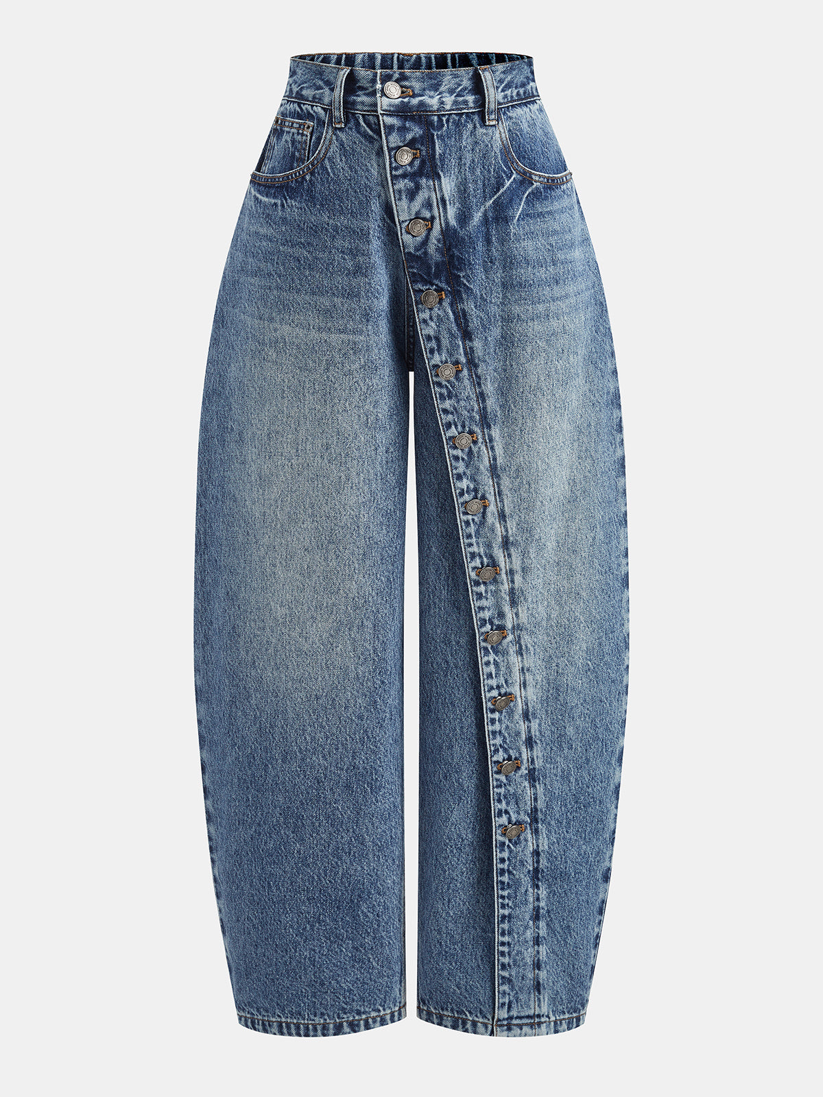 Diagonal Button High Waist Barrel Jeans