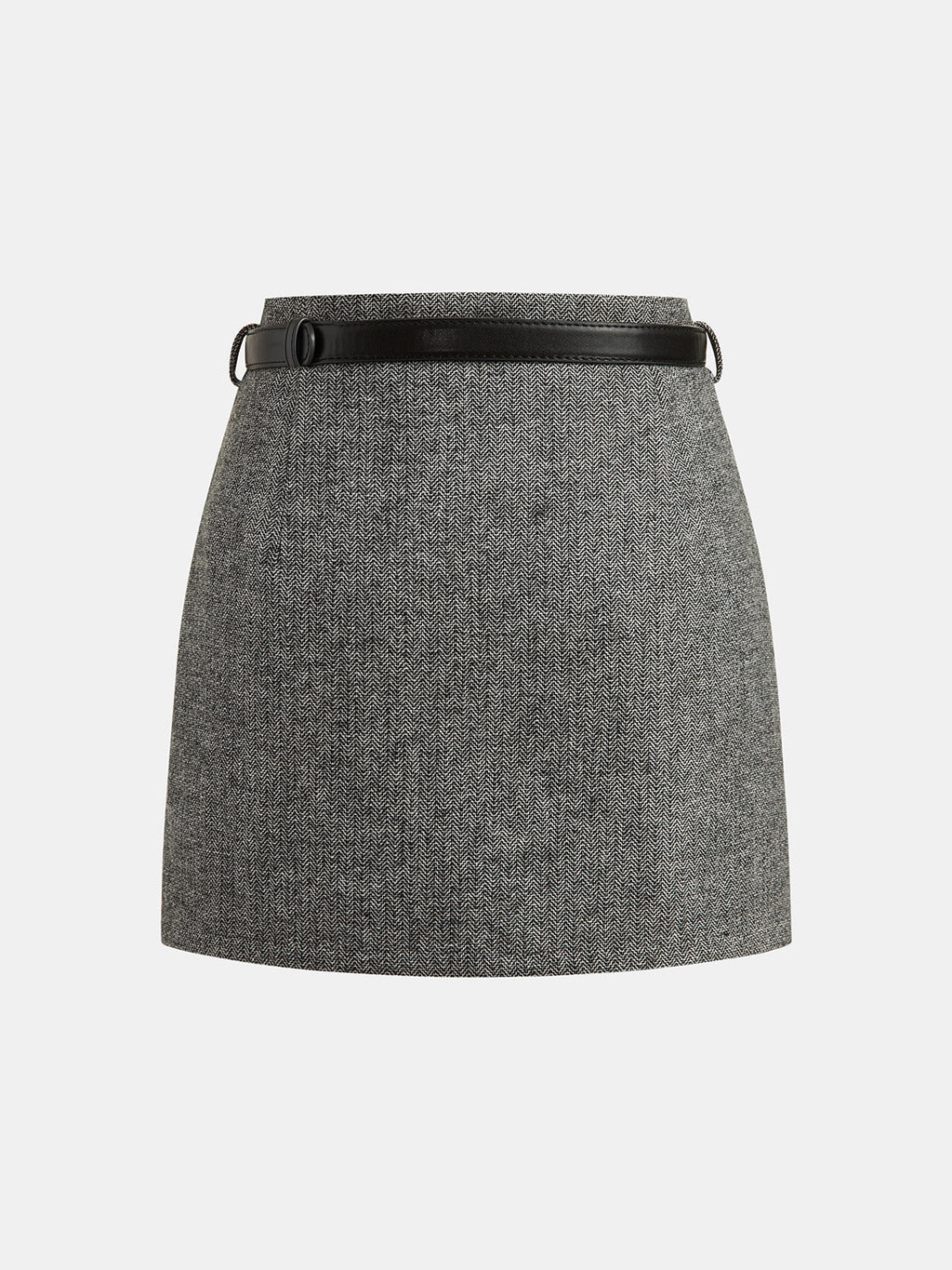 Belted Herringbone Wool Blend Mini Skirt