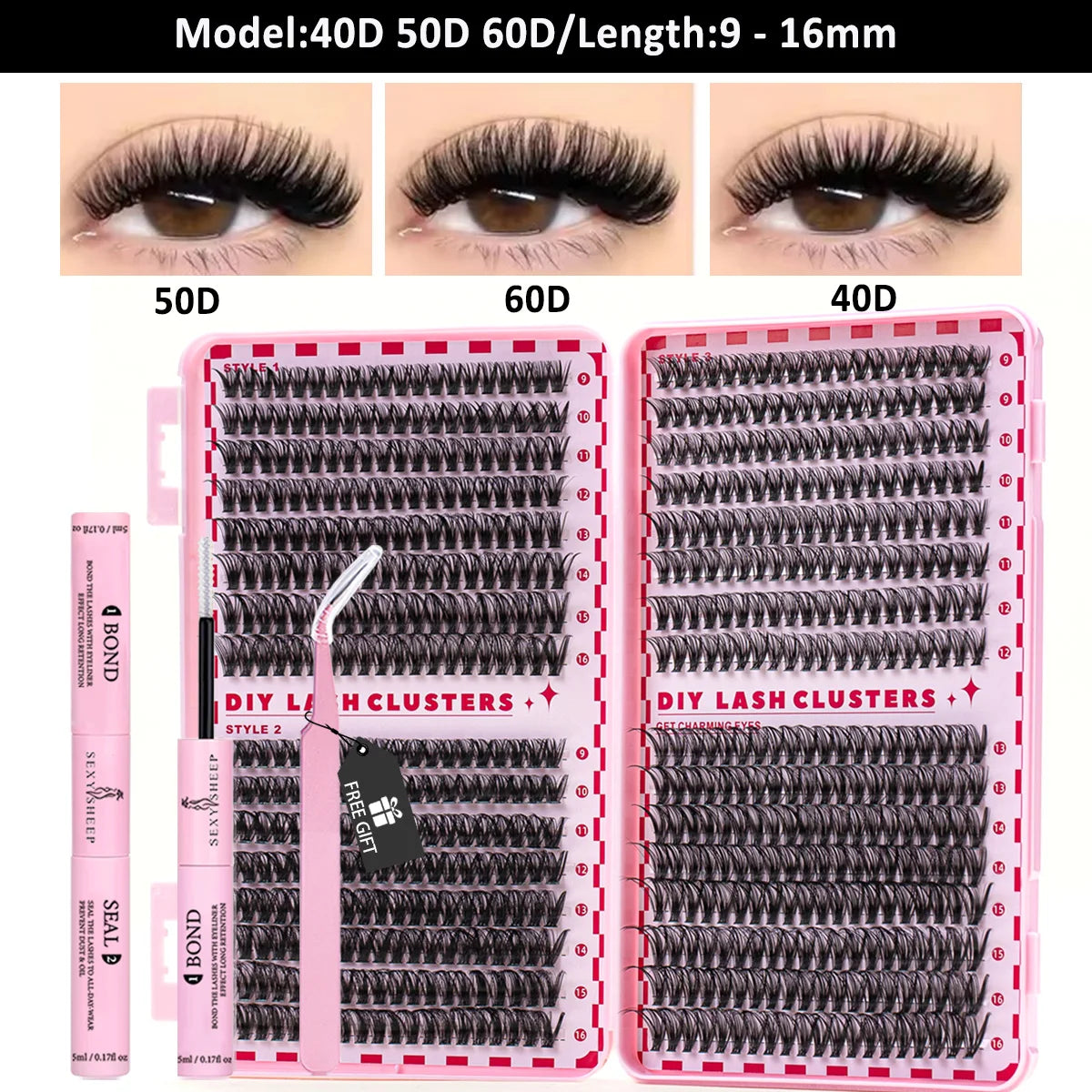 Lash Clusters Kit Cat Lashes with Lash Bond & Seal Cluster Eyelash Extensions Mix Styles Eyelash Clusters Kit DIY at Home Makeup