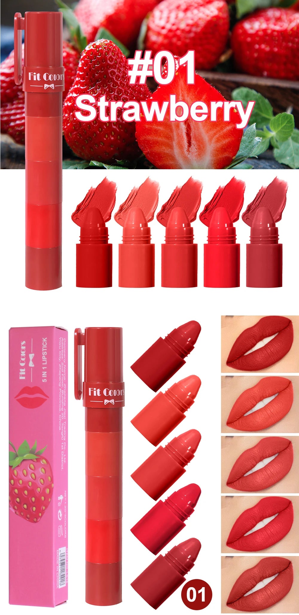 5-in-1 Fruit Velvet Matte Lipstick Set, Long-Lasting, Highly Pigmented, Moisturizing Lip Balm, Smooth Application for Soft lips