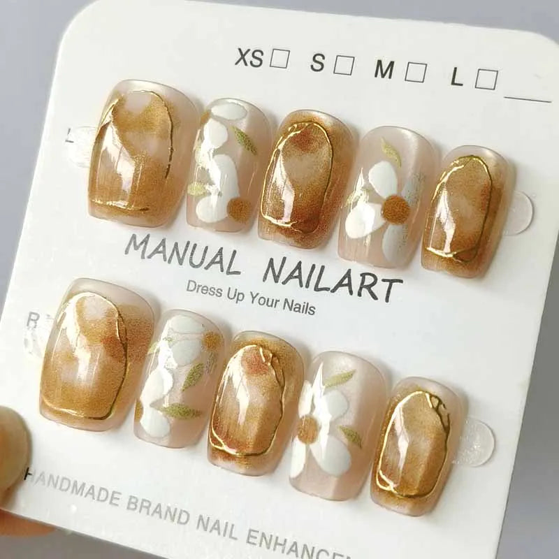 10Pcs 3D Embroidery Feel Colorful Flowers Caramel Iced Coffee Camellia Gilded Gold Wearing Armor Press on Nails Trend Nail Art