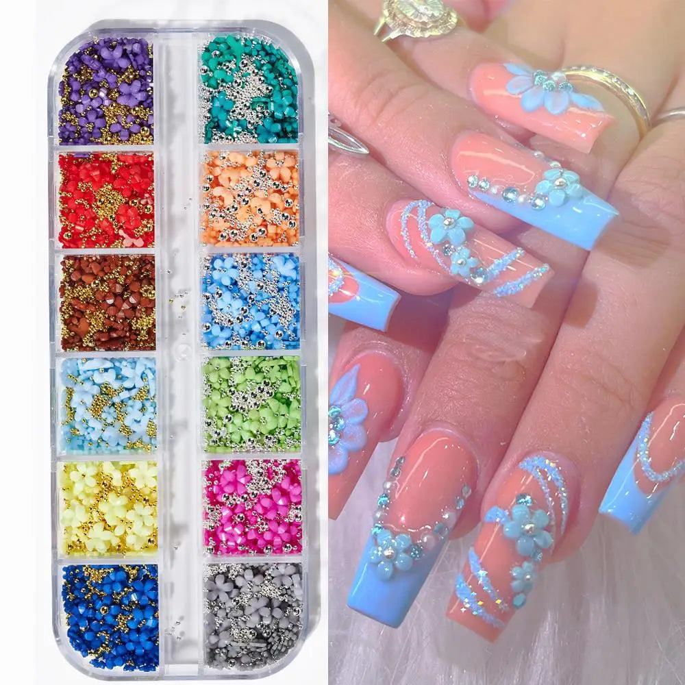 1Box 3D Pink/White Acrylic Flower Nail Charms with Gold&Silver Steel Beads Nail Art Decorations DIY Crafts Manicure Accessories