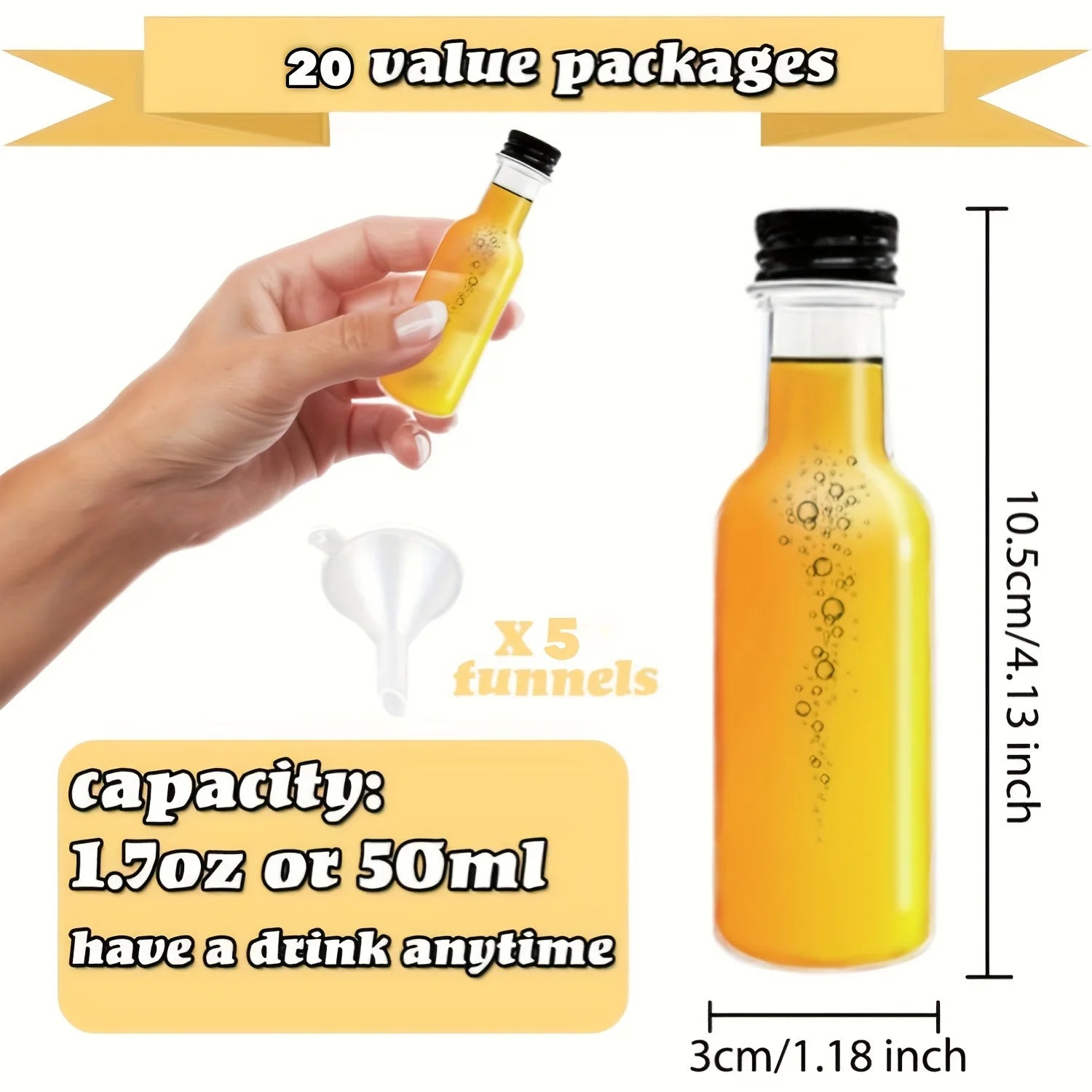 20 Mini Wine Bottles with Gold, Silver or Black Lid, 1.7 oz Plastic Small Cups with 2 Funnels - Reusable Party, Sample and Spirits Drink Container