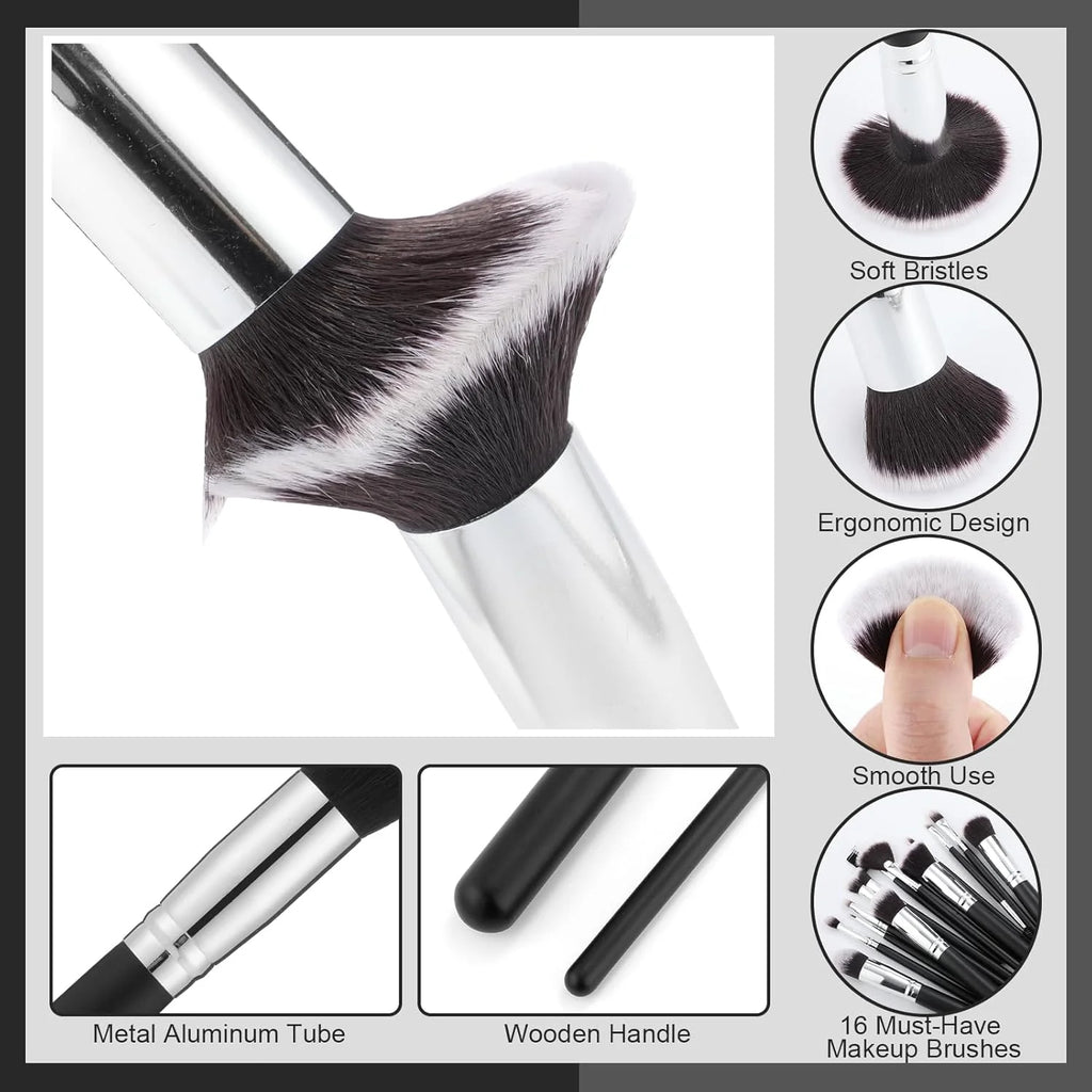 16Pcs Professional Makeup Brush Set Eye Shadow Contouring Foundation Highlight Setting Powder Blending Makeup Sponge Powder Puff