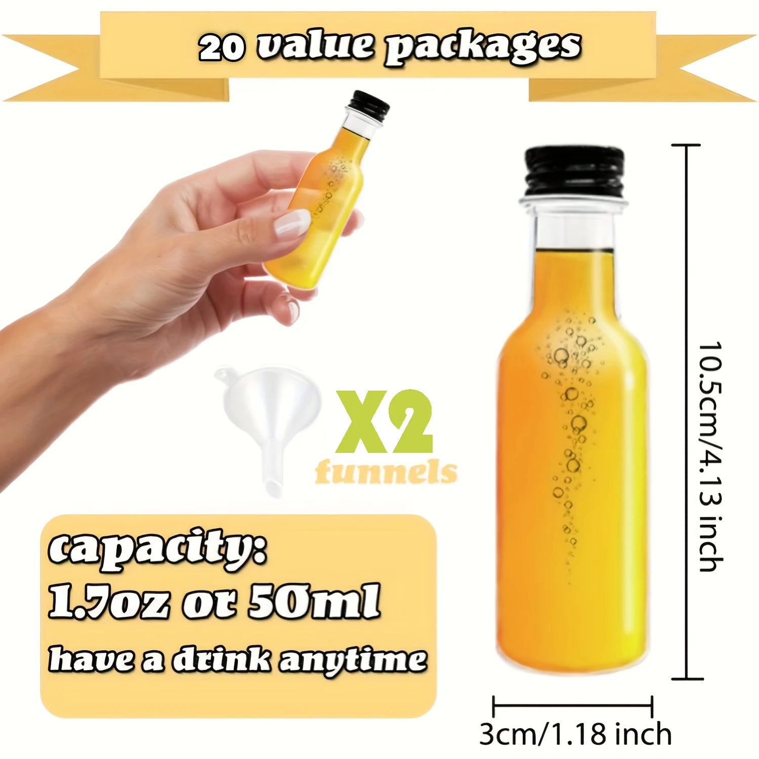20 Mini Wine Bottles with Gold, Silver or Black Lid, 1.7 oz Plastic Small Cups with 2 Funnels - Reusable Party, Sample and Spirits Drink Container