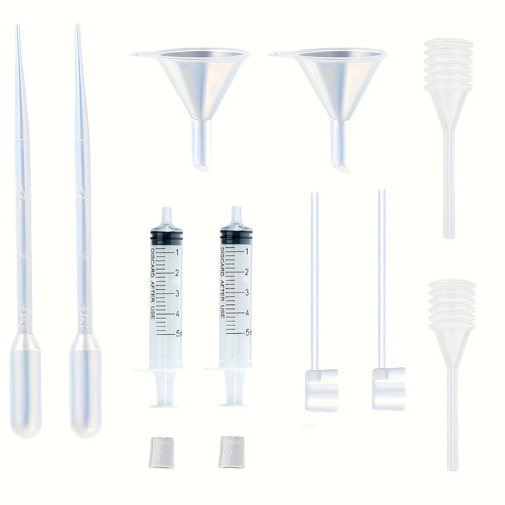12-piece perfume dispenser set - 2 syringes, 2 pipettes, 2 perfume separators, 2 converters, 2 funnels, 2 spring-loaded pipettes
