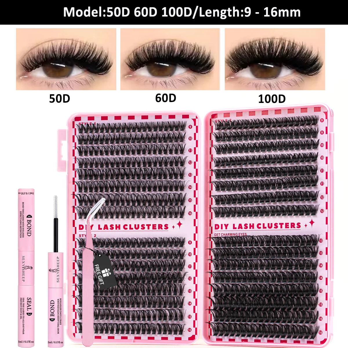 Lash Clusters Kit Cat Lashes with Lash Bond & Seal Cluster Eyelash Extensions Mix Styles Eyelash Clusters Kit DIY at Home Makeup