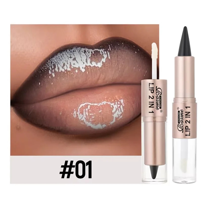 2-in-1 Lipstick & Lip Gloss, Dual-End Design, Waterproof Long-Lasting Lip Liner, Moisturizing Glossy Finish for Plump Lips