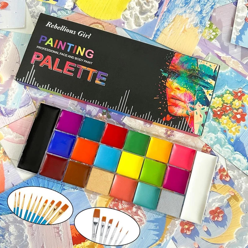 Face Body Paint Palette Oil Makeup Set 20 Colors SFX Halloween Party Painting with 10 pcs Artist Paintbrushes,Tattoo Stencil kit