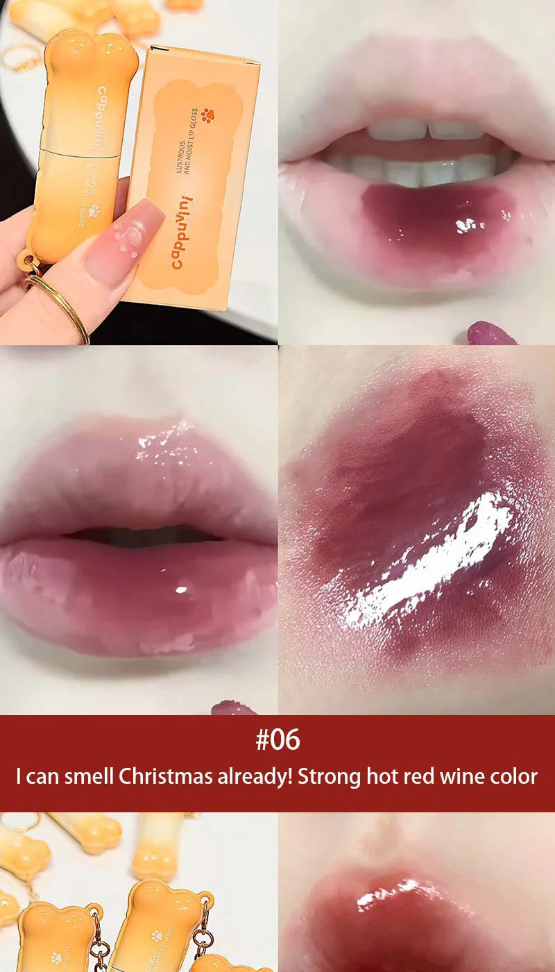 PINKCOCO Bear Doodle Mirror Lip Glaze — Long-Lasting Shiny Lip Gloss, Student-Friendly, Skin-Brightening Nude Lipstick