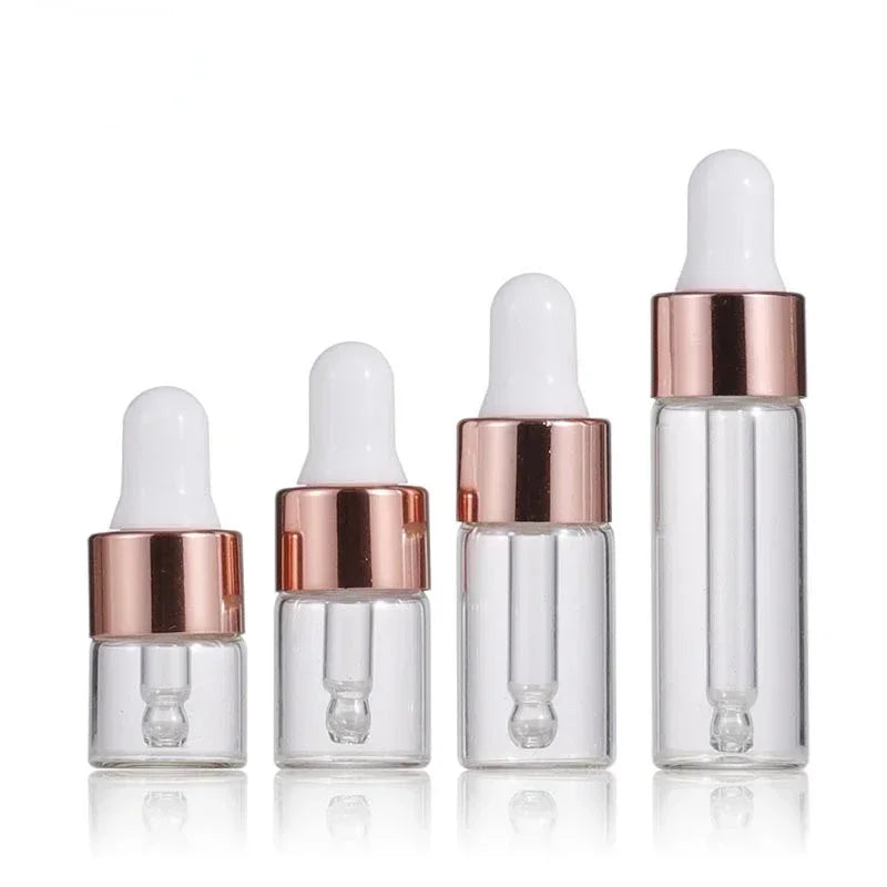 10pcs Mini Dropper Bottles Glass Empty Essential Oil Aromatherapy Bottles 1ml 2ml 3ml 5ml Rose Gold Cap Pipettes Bottles