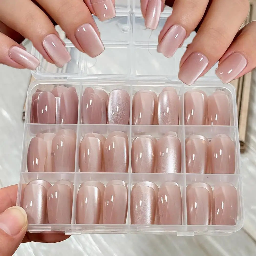 144Pcs/Box Nude Pink Cat's Eye Press On Nails Glossy Short Round Head Fake Nail Detachable Full Cover False Nailtip DIY Manicure