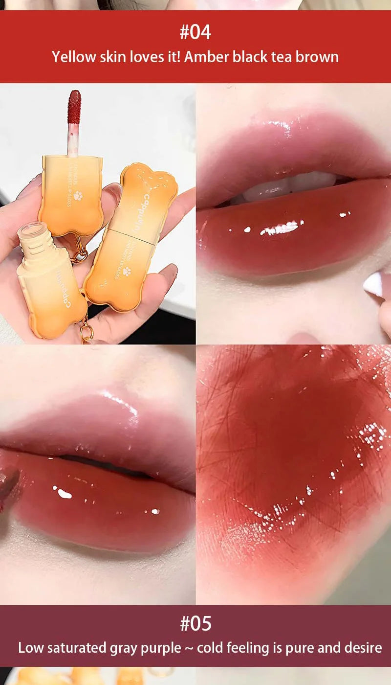 PINKCOCO Bear Doodle Mirror Lip Glaze — Long-Lasting Shiny Lip Gloss, Student-Friendly, Skin-Brightening Nude Lipstick