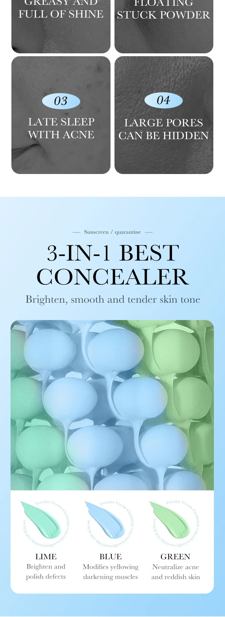 Face Makeup Primer Tri-color Cream Contour Color Isolation Waterproof Makeup Foundation Natural Makeup Base Cream 40g