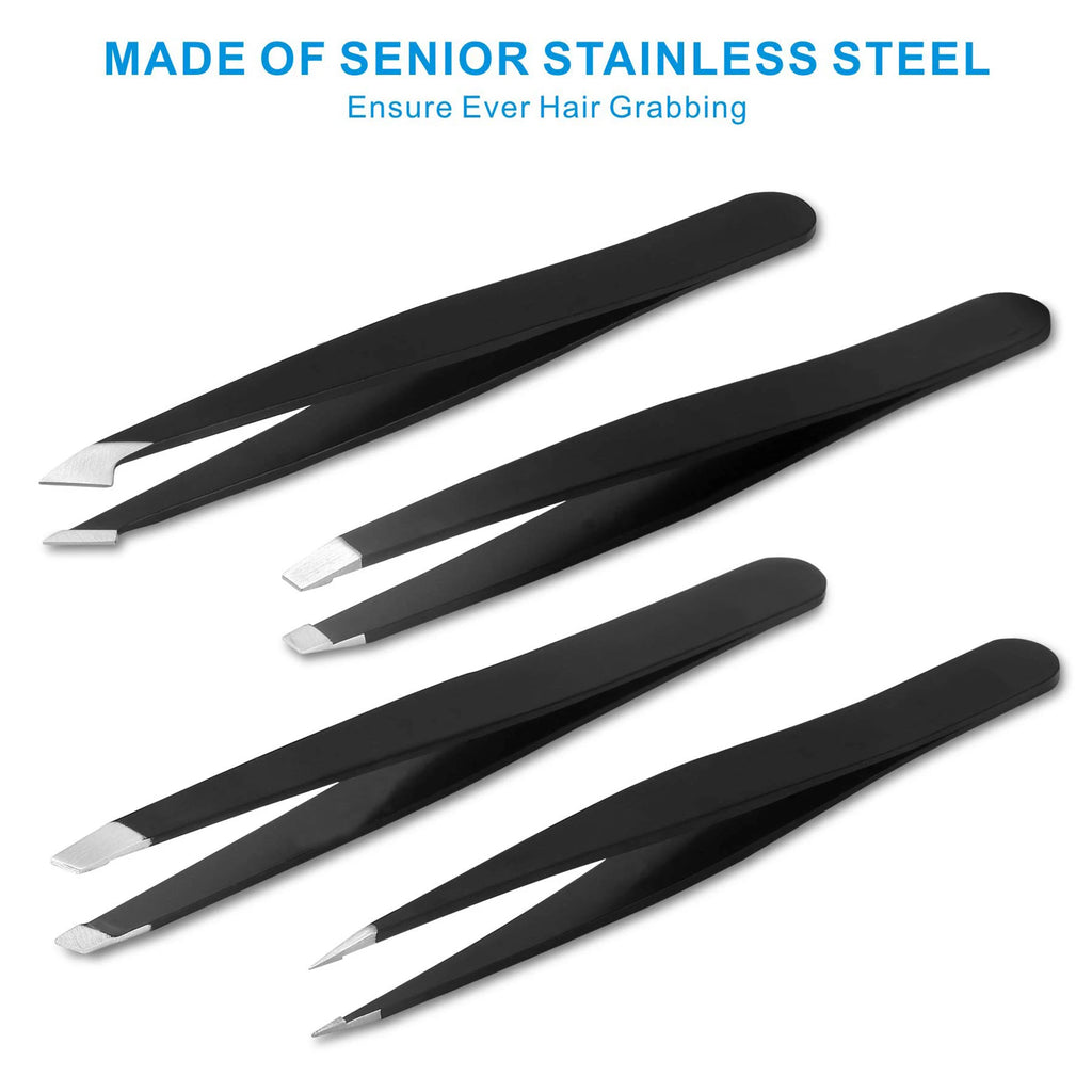Professional Stainless Steel Eyelash & Eyebrow Grooming Tweezers Set 5-Piece Private Label with Slanted Tip Cheaper Shipping