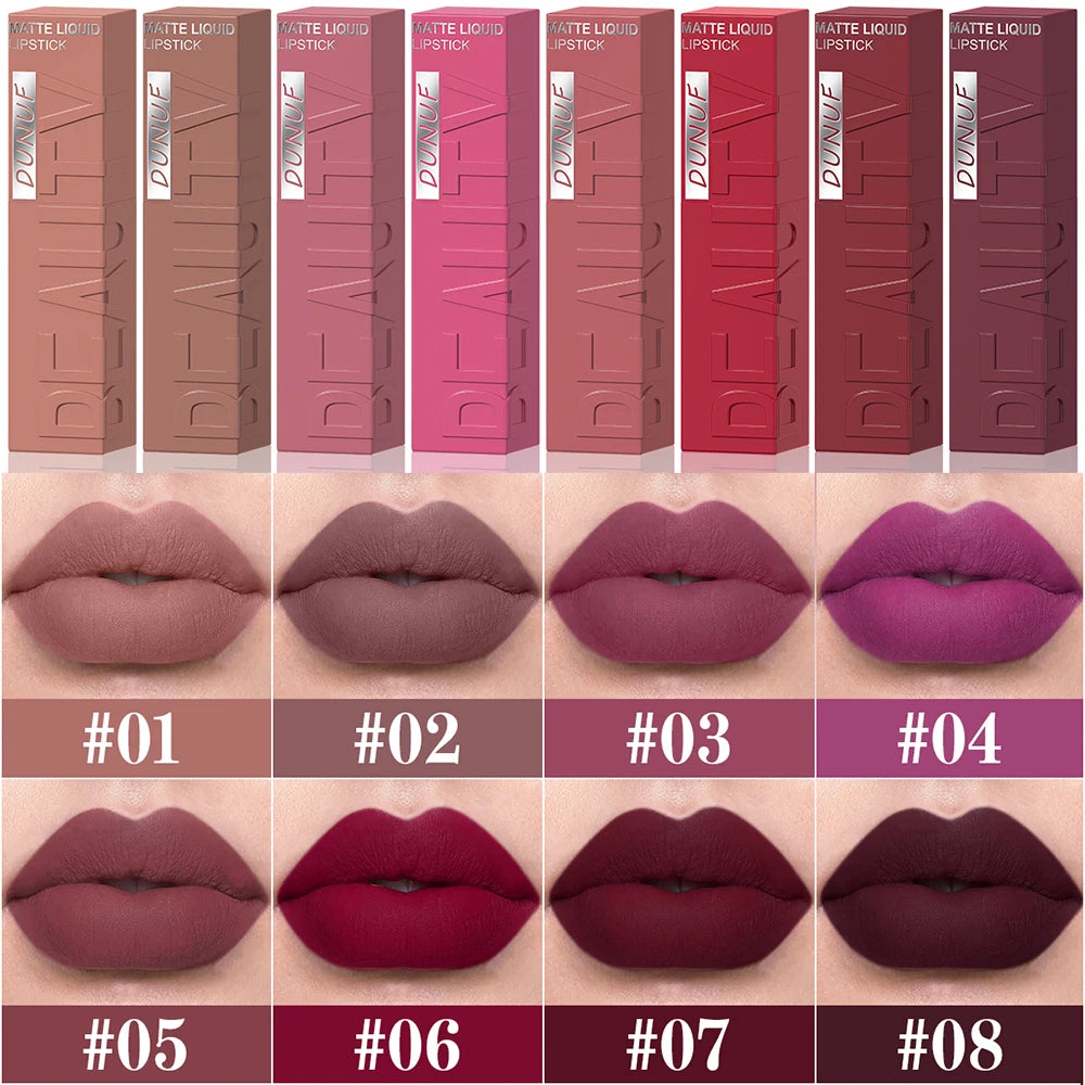 Matte Lip Gloss 8pc/set: Waterproof Lipstick Moisturizing Long Lasting Non-Stick Cup, Nude, Y2K Christmas Valentine's Day Gifts