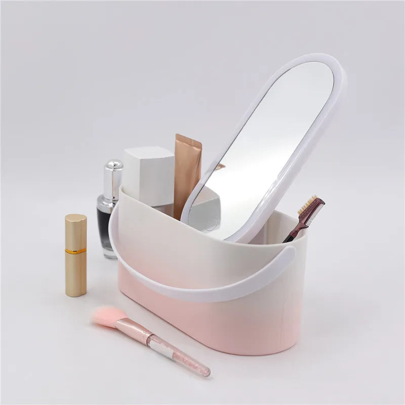 Makeup Organizer Box with LED Light Mirror Portable Travel Makeup Cosmetics Organizer Touch Light Storage Makeup Case