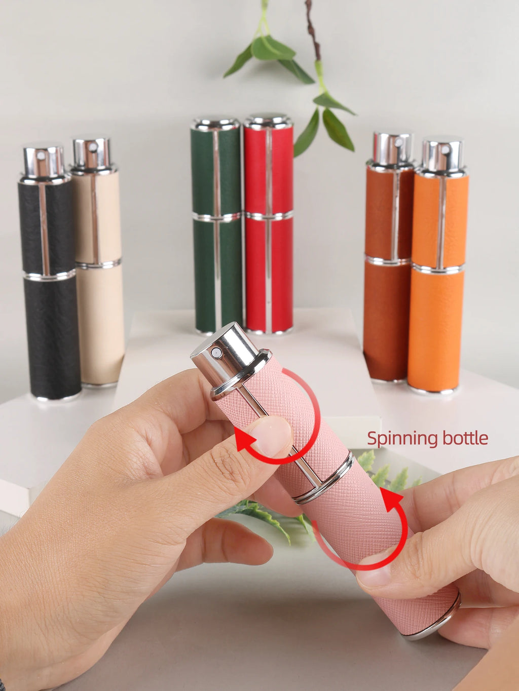 10ml rotary leather perfume bottle, empty refillable travel container, empty cologne bottle, portable spray bottle, pocket size
