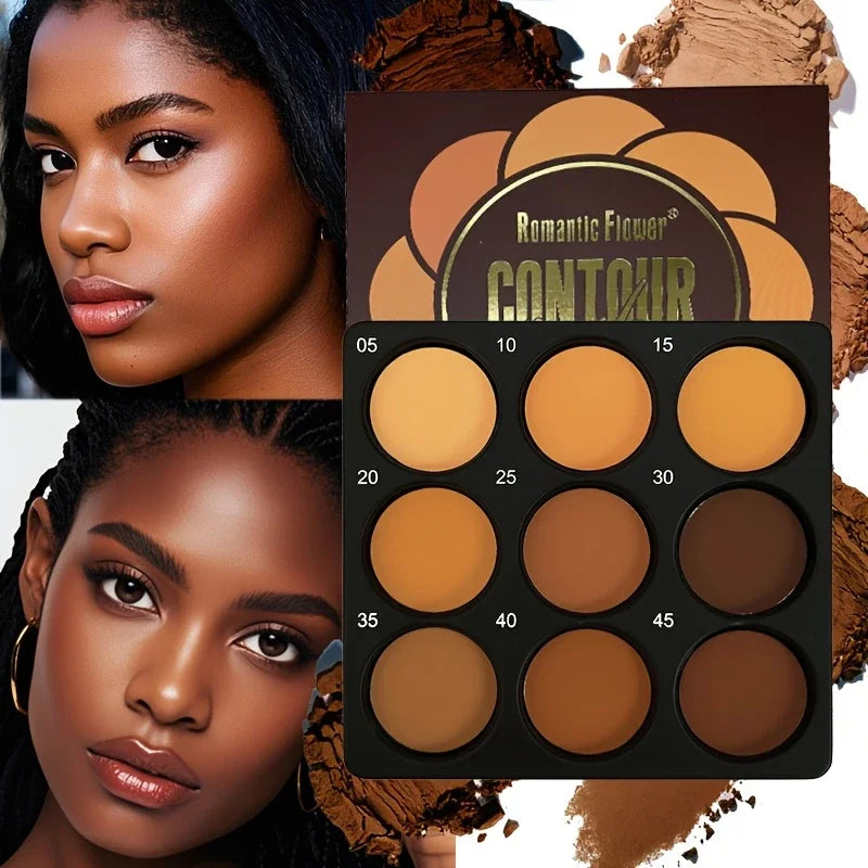 9-Color Dark Bronze Foundation Palette, for Contouring, Concealing, Setting Makeup, Oil Control, Shading, and Nose Shadowing, with a Matte Finish and Subtle Shimmer