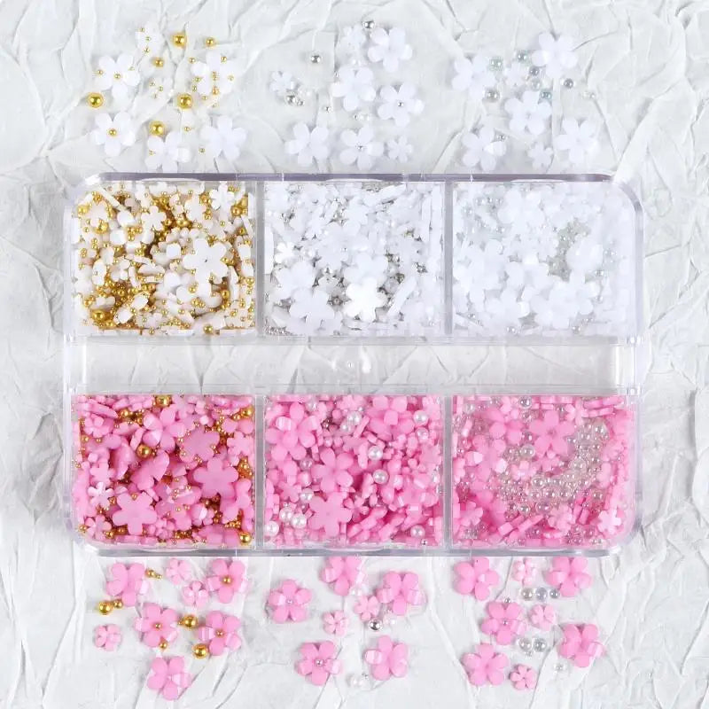 1Box 3D Pink/White Acrylic Flower Nail Charms with Gold&Silver Steel Beads Nail Art Decorations DIY Crafts Manicure Accessories