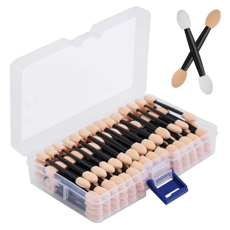 Cuttte 50/100PCS Disposable Dual Sides Eye Shadow Sponge Applicators with Container,  Length Eyeshadow Brushes Makeup Applicator