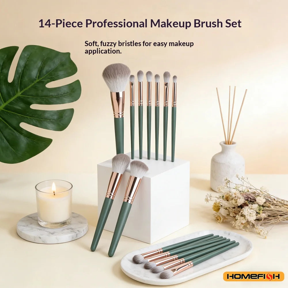 Cosmetic Powder & Blush Blending Brush Set – 14Pcs Soft Fluffy Makeup Tools for Eye Shadow & Foundation