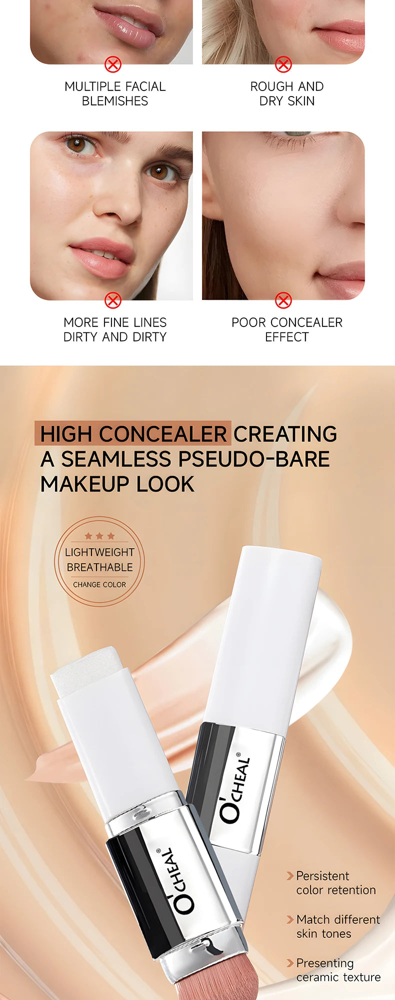 O'CHEAL Temperature Changing Foundation Stick Facial Coverage Blemishes Pores Double-Headed Face Matte Makeup Foundation Cream