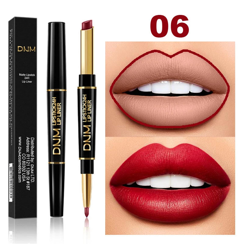 DNM 2 In 1 Matte Lipstick Pencil Double Head Lip Liner Pen Long Lasting Waterproof Lady Charming Nude Red Lipliner Pencil Makeup