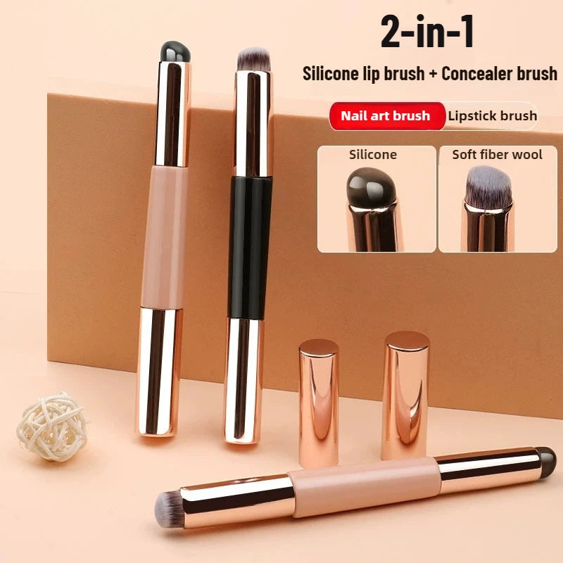2 In 1 Silicone Lip Brush Concealer Brush Wooden Handle Lipstick Lip Balm Applicator with Cap Travel Makeup Brush Beauty Tools