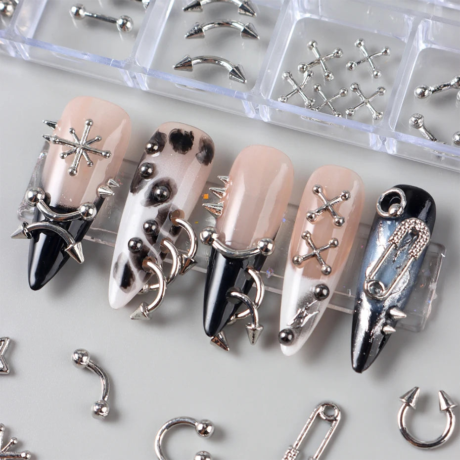 12 Grids Punk Silvery Gothic Punk Nail Charms Studs Metal Rivets Alloy Piercing Grunge DIY Nail Art Decoration Y2K Nail Supplies