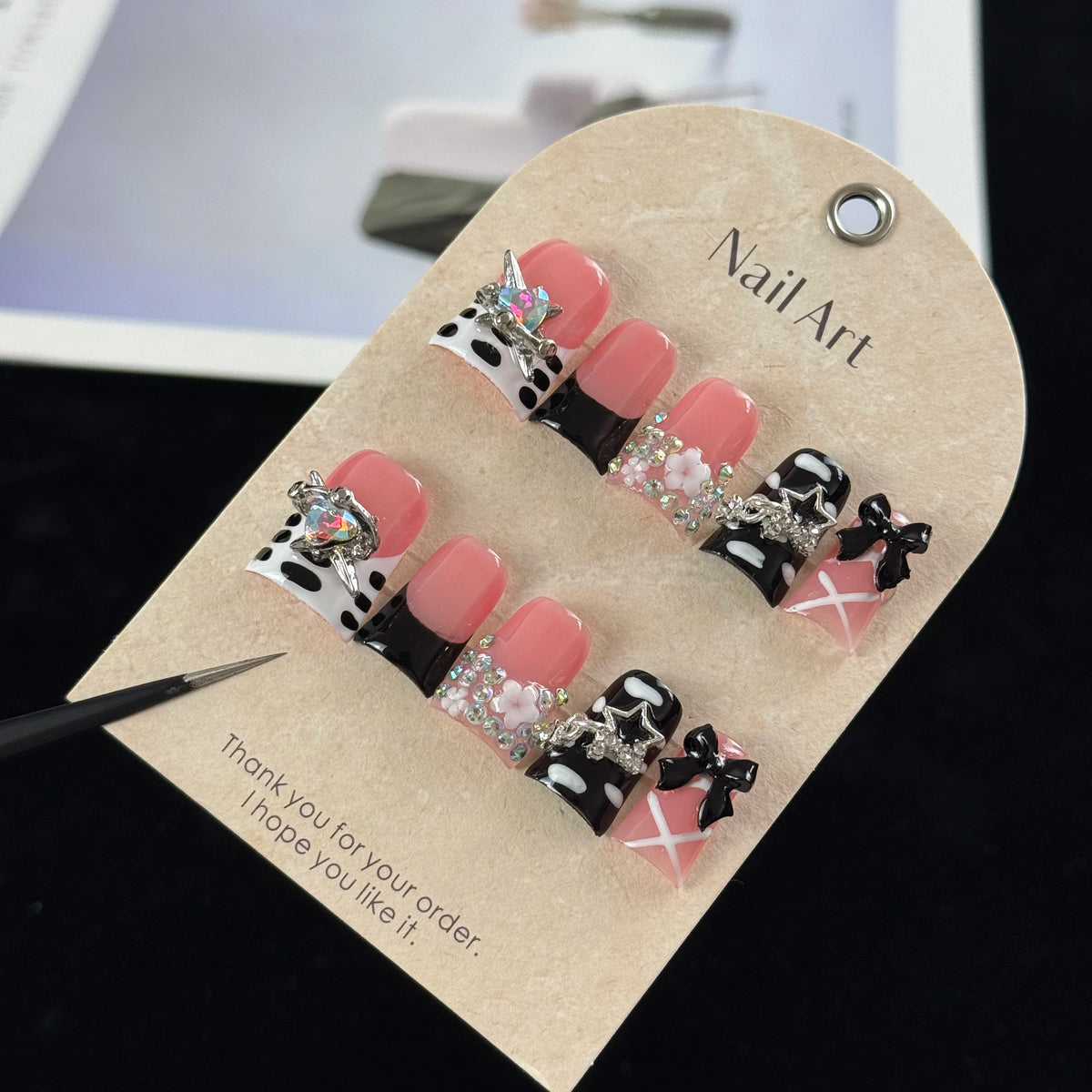 10pcs high-end Sweet and cool girl style, hand-painted three-dimensional bows, stars, and glittering diamonds handmade fake nail
