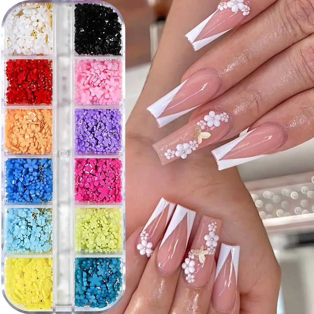 1Box 3D Pink/White Acrylic Flower Nail Charms with Gold&Silver Steel Beads Nail Art Decorations DIY Crafts Manicure Accessories
