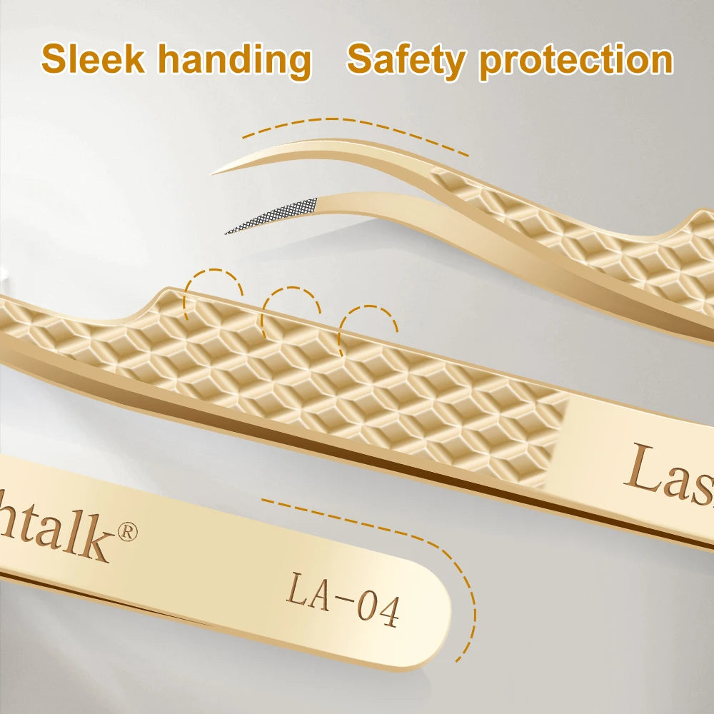 Lashtalk Precision Fiber Tip Tweezer Eyelash Extensions Diamond Grip Anti-Slip Premium Gold Stainless Steel Makeup With Box Pack
