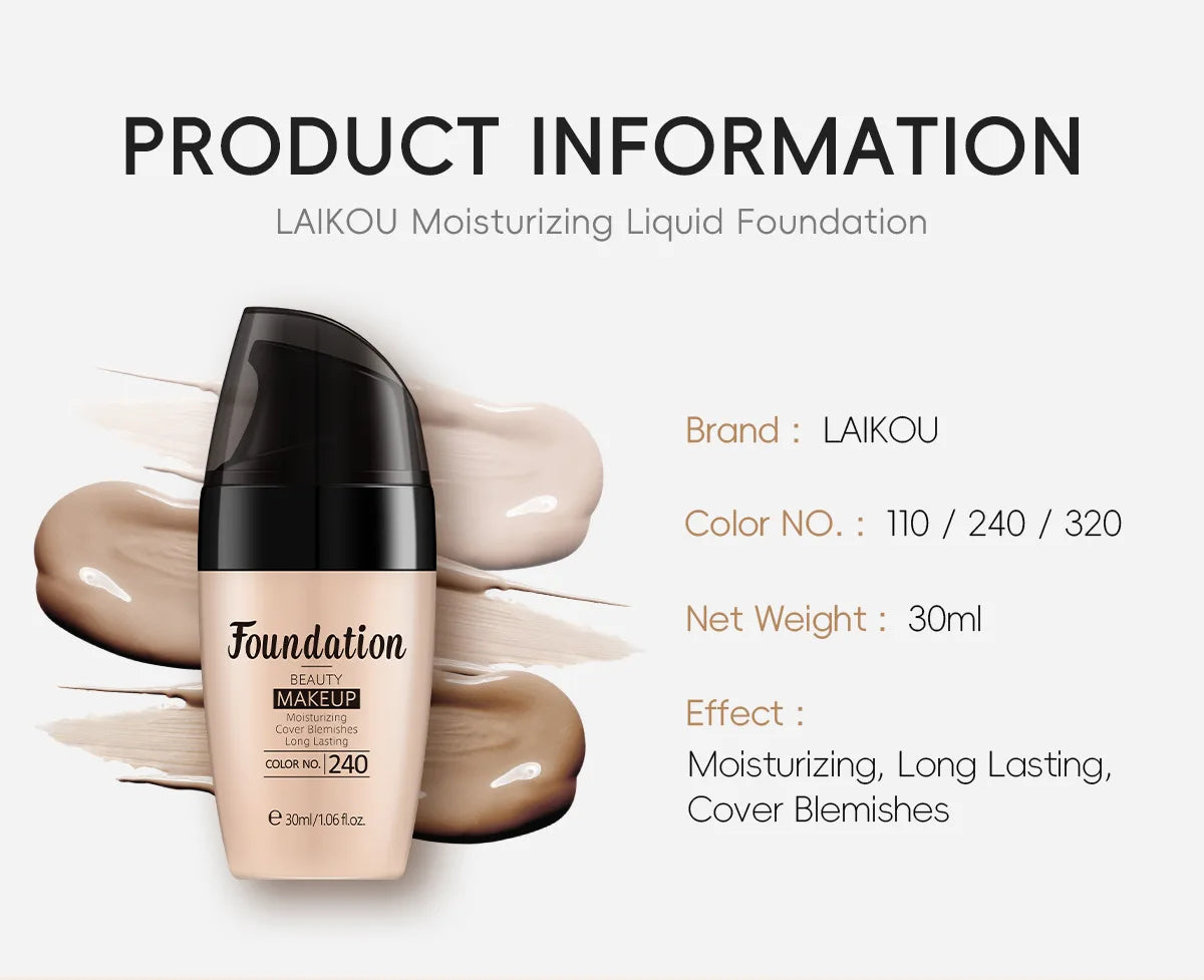 LAIKOU Liquid Foundation Multiple Shades Hydrating Natural Finish Creamy Full Coverage Makeup Base Long Lasting Wear 30ml
