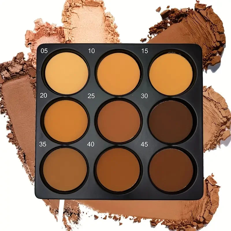 9-Color Dark Bronze Foundation Palette, for Contouring, Concealing, Setting Makeup, Oil Control, Shading, and Nose Shadowing, with a Matte Finish and Subtle Shimmer
