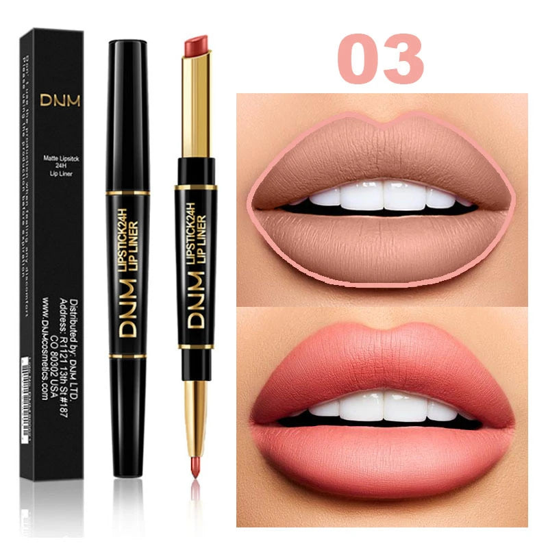 DNM 2 In 1 Matte Lipstick Pencil Double Head Lip Liner Pen Long Lasting Waterproof Lady Charming Nude Red Lipliner Pencil Makeup