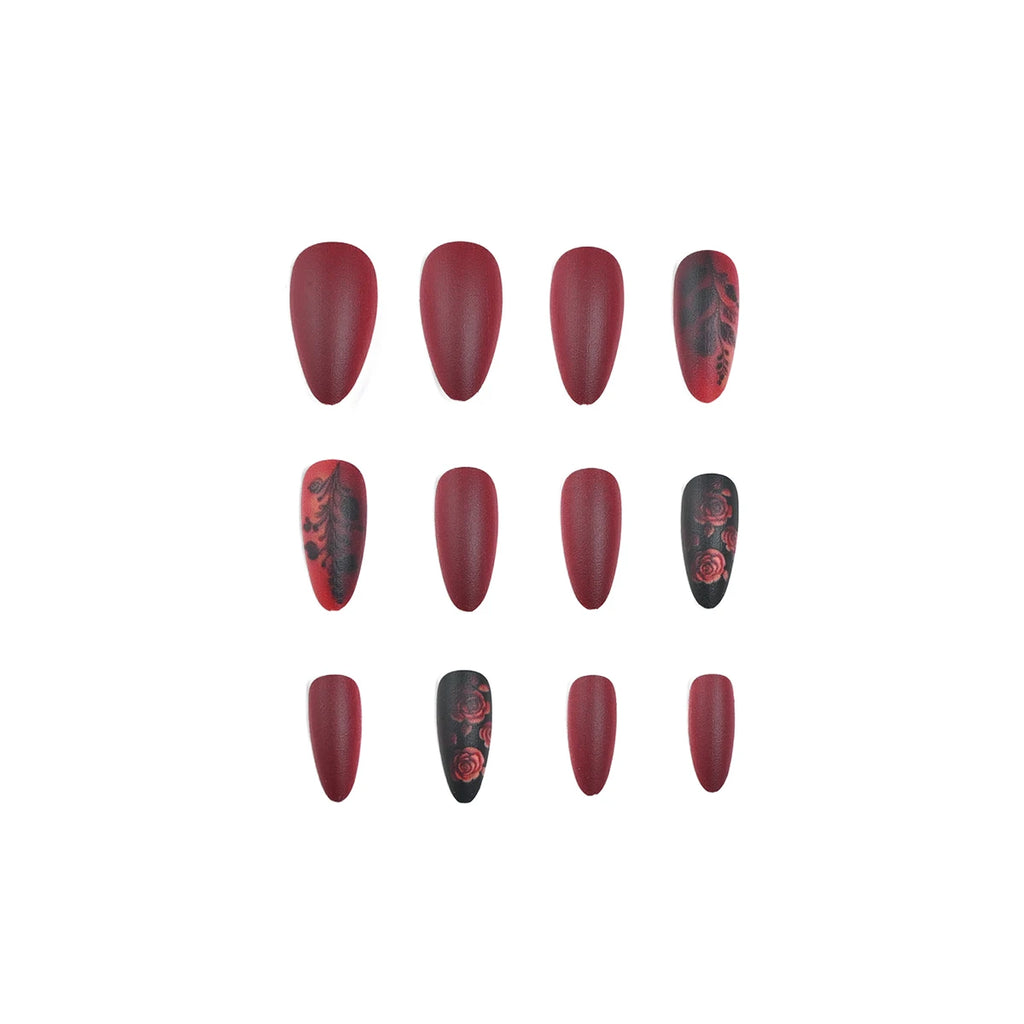 24 pieces of long almond-shaped pure red matte texture diamond-shaped check glitter French wear nail piece & 1 rub strip & 1 jel