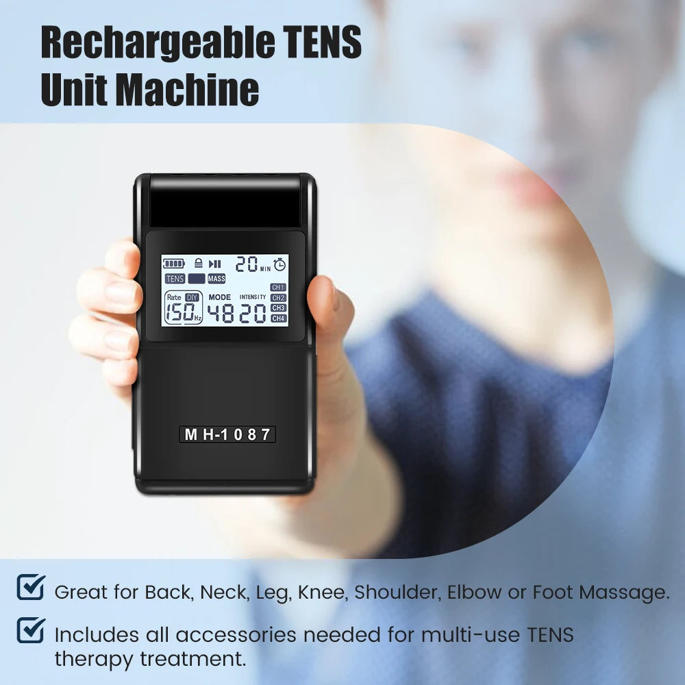 Digital TENS Unit Machine 4-Channel Tens Electrostimulator Rechargeable Body Muscle Stimulator with 20 Intensity for Pain Relief