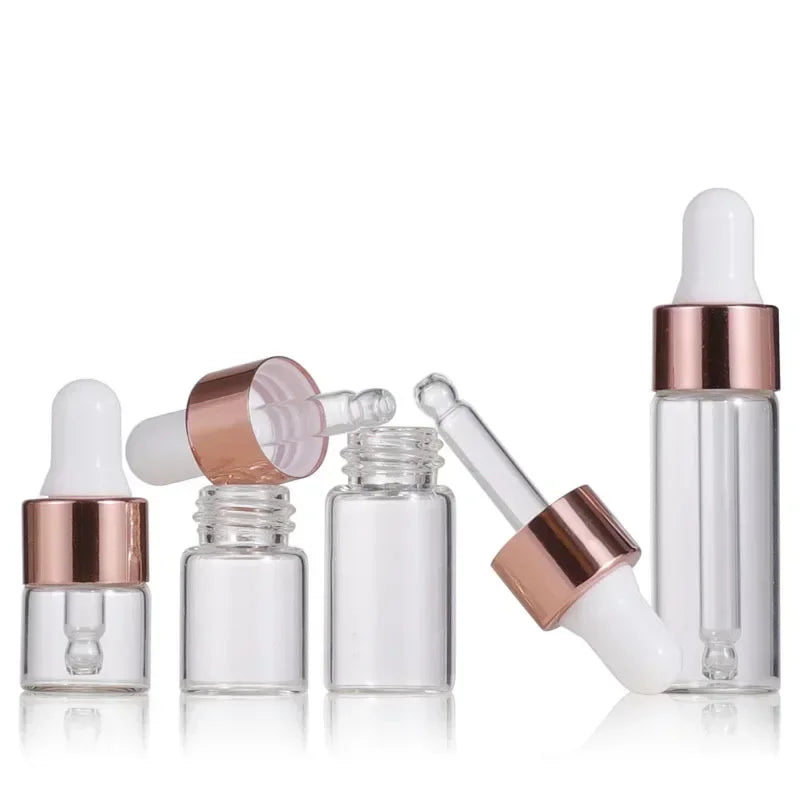 10pcs Mini Dropper Bottles Glass Empty Essential Oil Aromatherapy Bottles 1ml 2ml 3ml 5ml Rose Gold Cap Pipettes Bottles