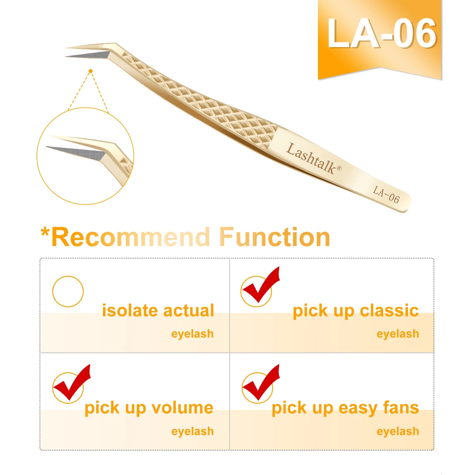 Lashtalk Precision Fiber Tip Tweezer Eyelash Extensions Diamond Grip Anti-Slip Premium Gold Stainless Steel Makeup With Box Pack