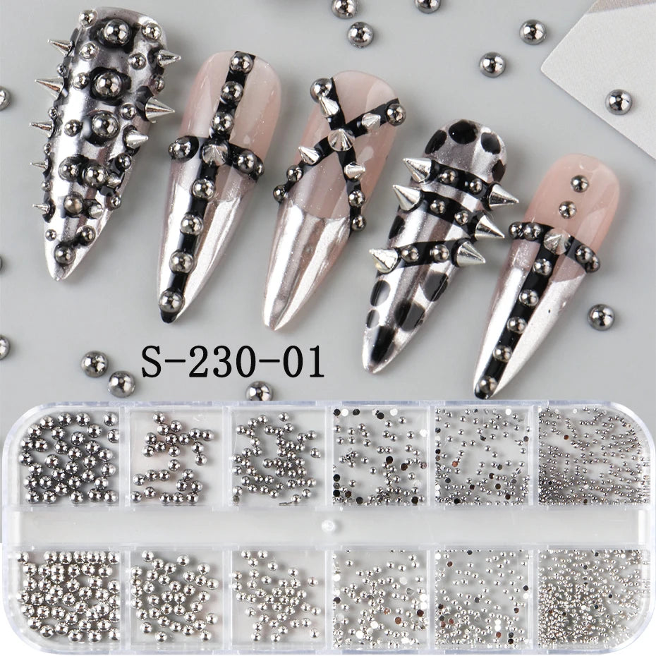 12 Grids Punk Silvery Gothic Punk Nail Charms Studs Metal Rivets Alloy Piercing Grunge DIY Nail Art Decoration Y2K Nail Supplies