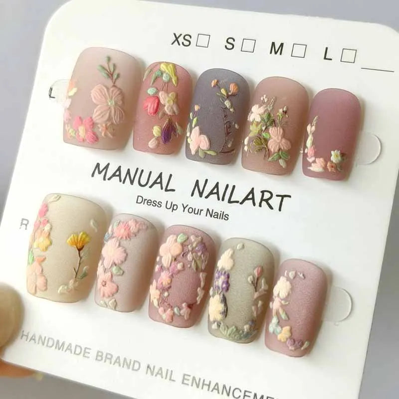 10Pcs 3D Embroidery Feel Colorful Flowers Caramel Iced Coffee Camellia Gilded Gold Wearing Armor Press on Nails Trend Nail Art