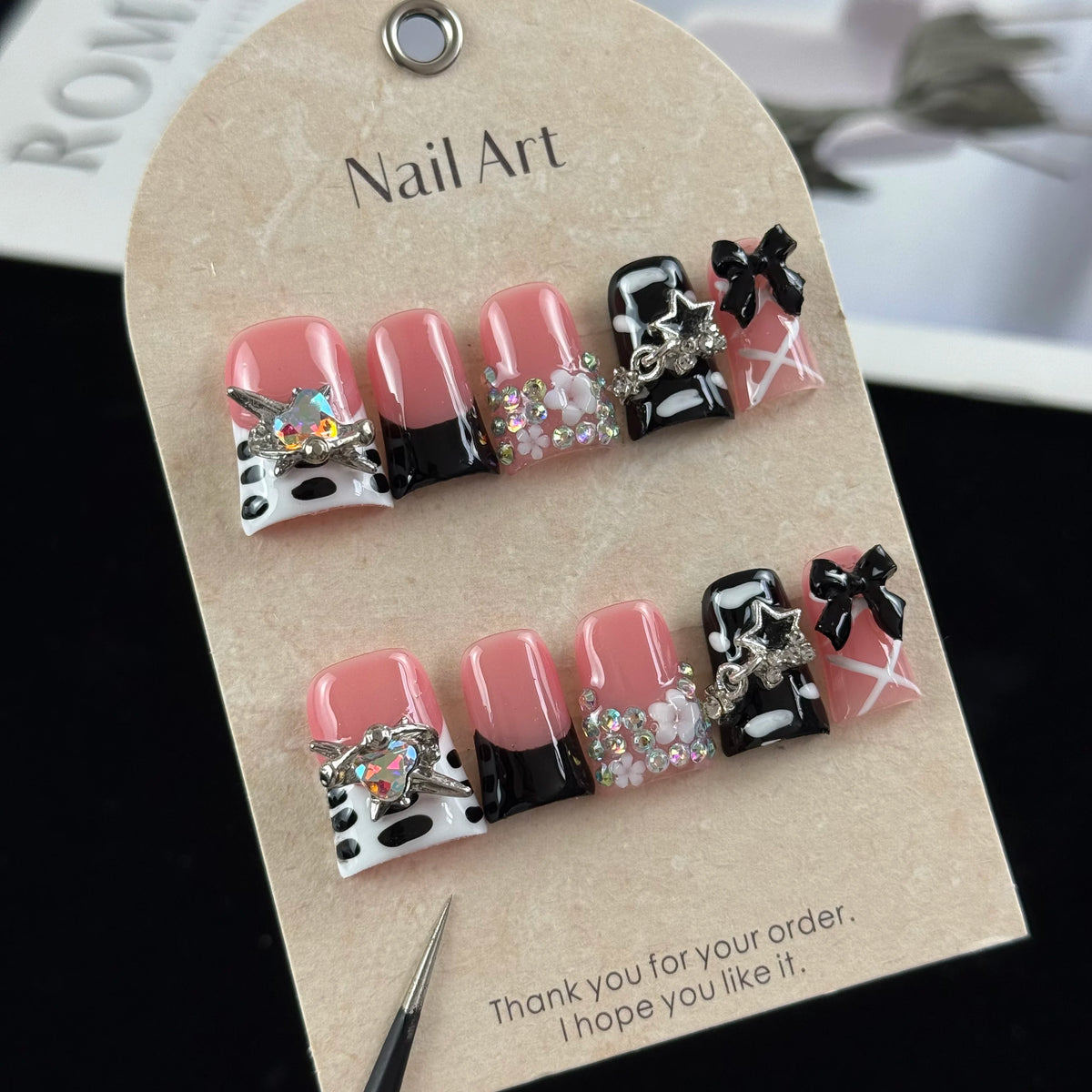 10pcs high-end Sweet and cool girl style, hand-painted three-dimensional bows, stars, and glittering diamonds handmade fake nail