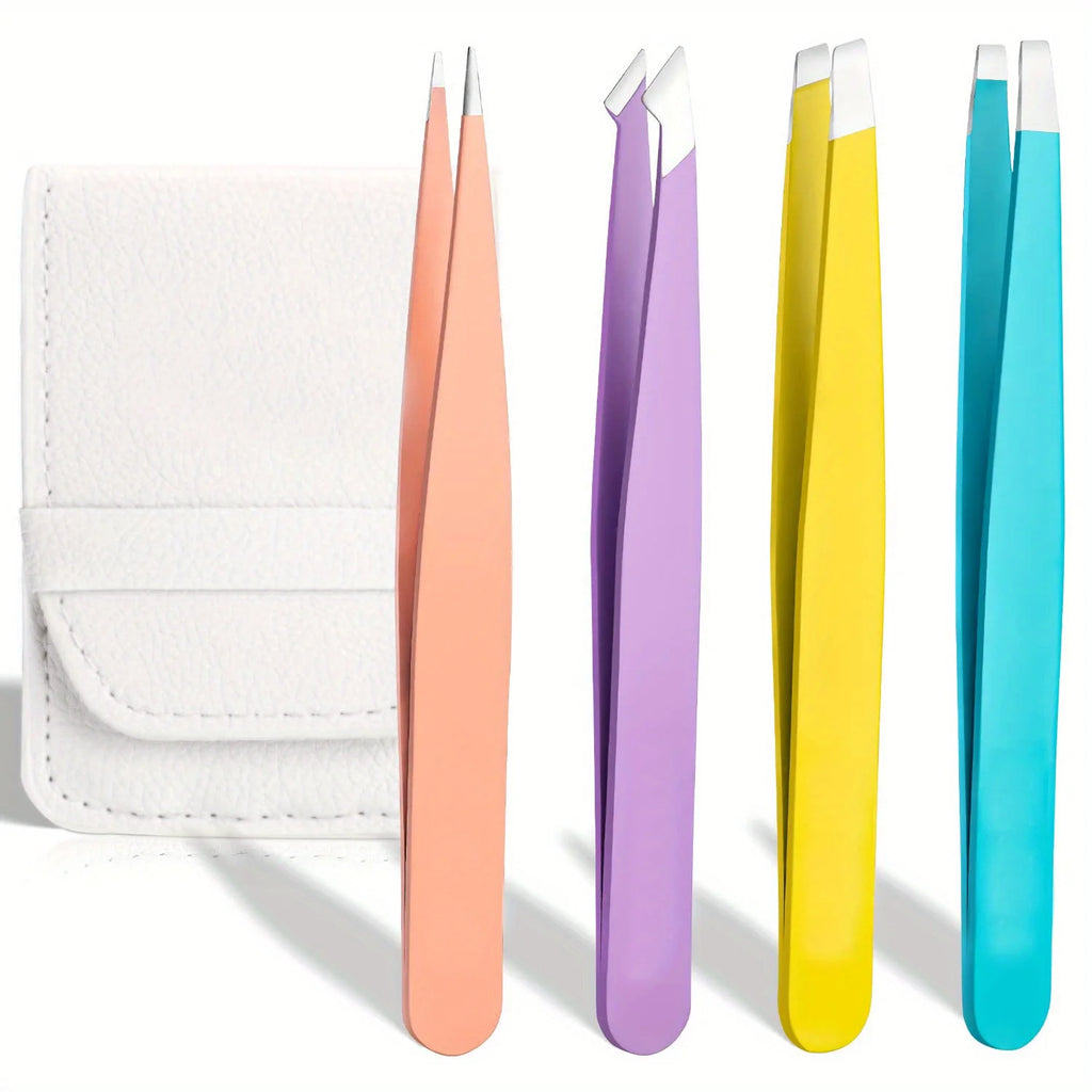 Professional Stainless Steel Eyelash & Eyebrow Grooming Tweezers Set 5-Piece Private Label with Slanted Tip Cheaper Shipping