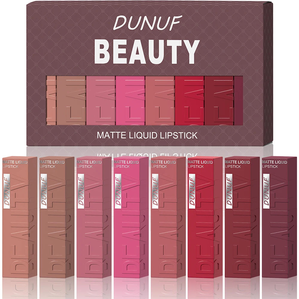 Matte Lip Gloss 8pc/set: Waterproof Lipstick Moisturizing Long Lasting Non-Stick Cup, Nude, Y2K Christmas Valentine's Day Gifts