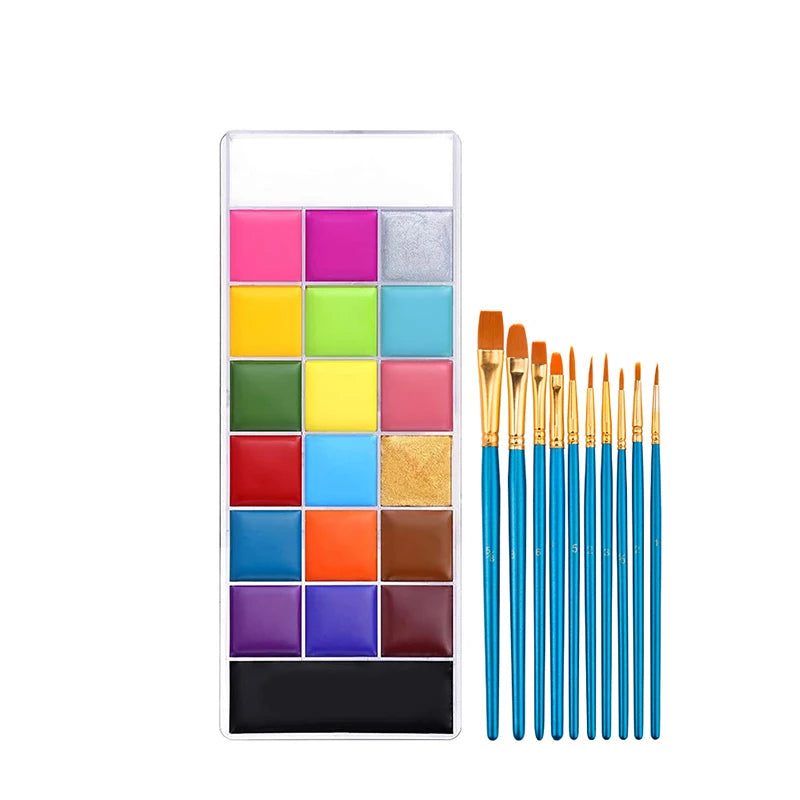Face Body Paint Palette Oil Makeup Set 20 Colors SFX Halloween Party Painting with 10 pcs Artist Paintbrushes,Tattoo Stencil kit